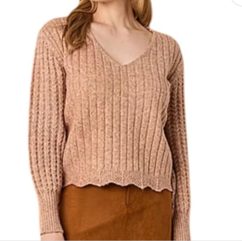 FRYE & CO Puff Sleeve Fancy Knit Boho V Neck Sweater In Apricot NWOT